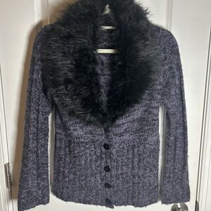 BCBG Maxazria Faux Fur Collared Knit Long Sleeve Cardigan Purple Black Women's S